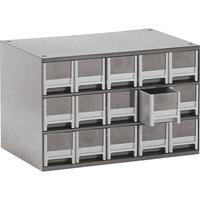 Modular Parts Cabinets, Steel, 15 Drawers, 17" x 10-9/16" x 3-1/16", Grey CA857 | King Materials Handling