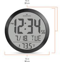 Round Digital Wall Clock, Digital, Battery Operated, 15" Dia., Black OR488 | King Materials Handling