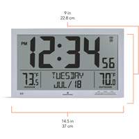 Self-Setting Full Calendar Clock with Extra Large Digits, Digital, Battery Operated, Silver OR499 | King Materials Handling