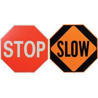 Double-Sided "Stop/Slow" Traffic Control Sign, 18" x 18", Plastic, English with Pictogram SEJ662 | King Materials Handling