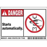 "Danger Starts Automatically" Sign, 3-1/2" x 5", Polyester, English with Pictogram SY370 | King Materials Handling